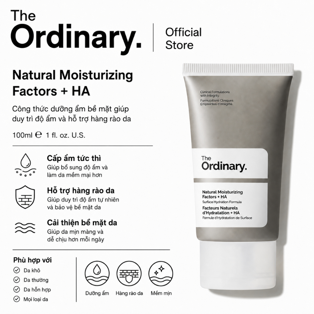 [The Ordinary Official] Natural Moisturizing Factors + HA 100ML | Cấp ẩm, làm mềm và bảo vệ hàng rào