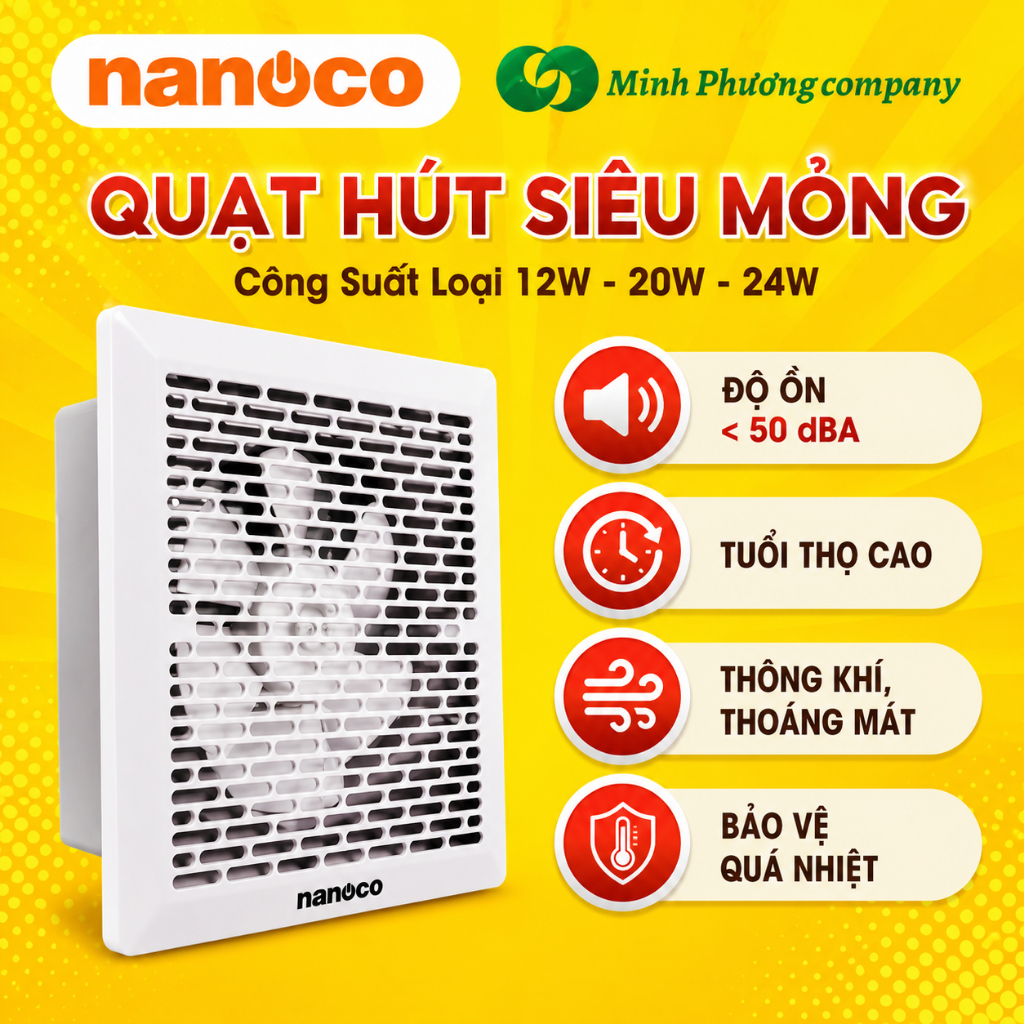 Quạt hút siêu mỏng Nanoco NMV1523 12W, NMV2023 20W, NMV2523 24W, NMV1421 8W gắn tường và âm trần