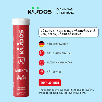 TPBVSK Viên sủi KUDOS IMMUNITY bổ sung 1000mg vitamin C, Kẽm, D3, E, Selen (20 viên/tuýp)