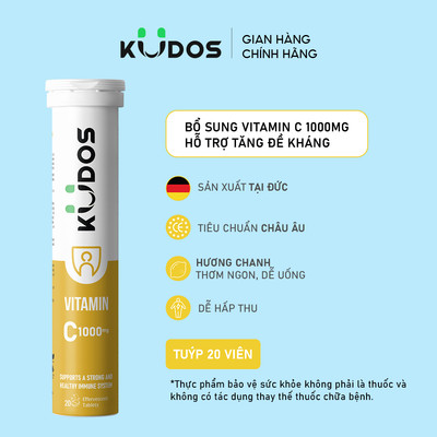 TPBVSK Viên sủi KUDOS VITAMIN C hương chanh, bổ sung 1000MG vitamin C cho cơ thể (20 viên/tuýp)