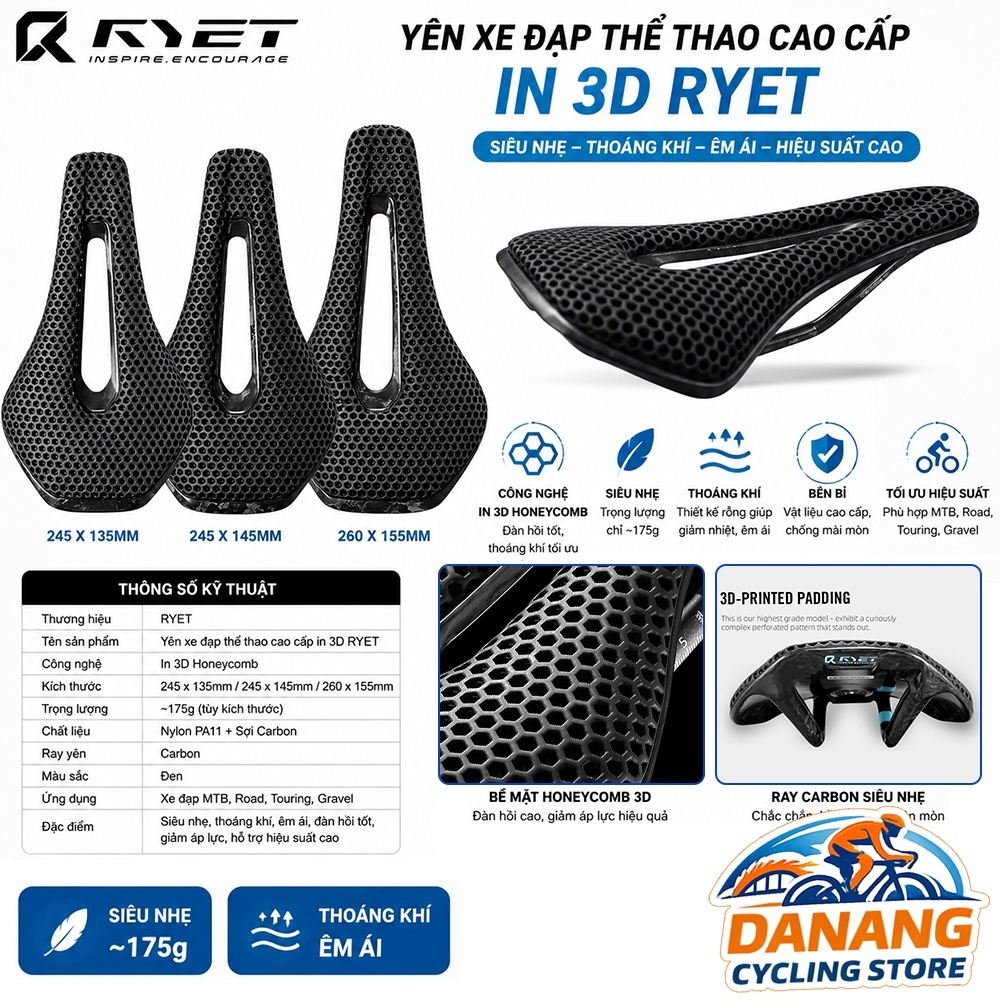 Yên Xe Đạp Thể Thao Cao Cấp In 3D RYET – Đệm Tổ Ong 3D Siêu Nhẹ, Êm Ái, Thoáng Khí Cho Road, MTB, Gravel