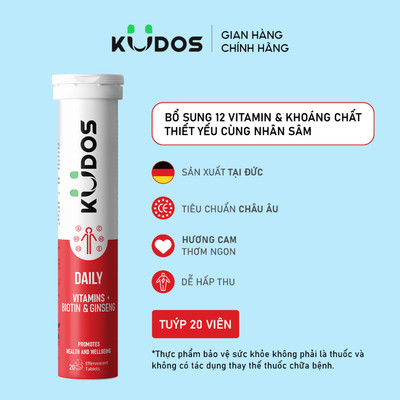 TPBVSK Viên sủi KUDOS DAILY VITAMINS PLUS BIOTIN & GINSENG  bổ sung vitamin tổng hợp và nhân sâm (20 viên/tuýp)