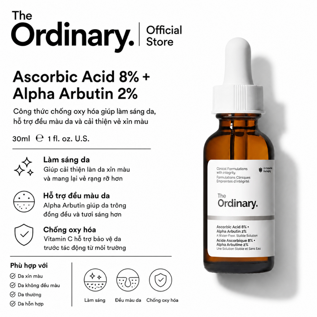 [The Ordinary Official] Ascorbic Acid 8% + Alpha Arbutin 2% 30ML | Giảm thâm nám, làm sáng và đều mà
