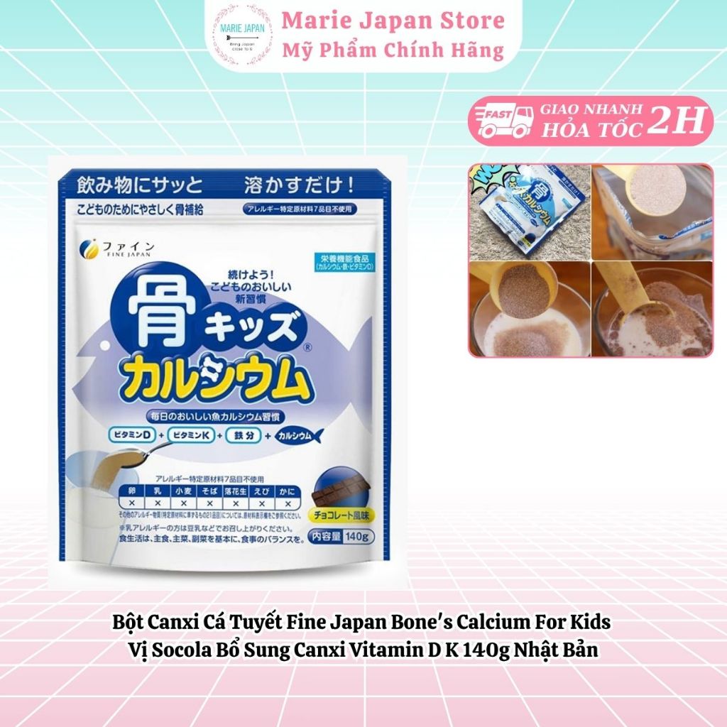 Bột Canxi Cá Tuyết Fine Japan Bone's Calcium For Kids Vị Socola Bổ Sung Canxi Vitamin D K 140g Nhật 