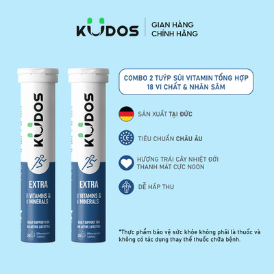 Combo 2 Tuýp TPBVSK Viên sủi KUDOS EXTRA bổ sung vitamin tổng hợp, Magie, Kẽm (20 viên/tuýp)