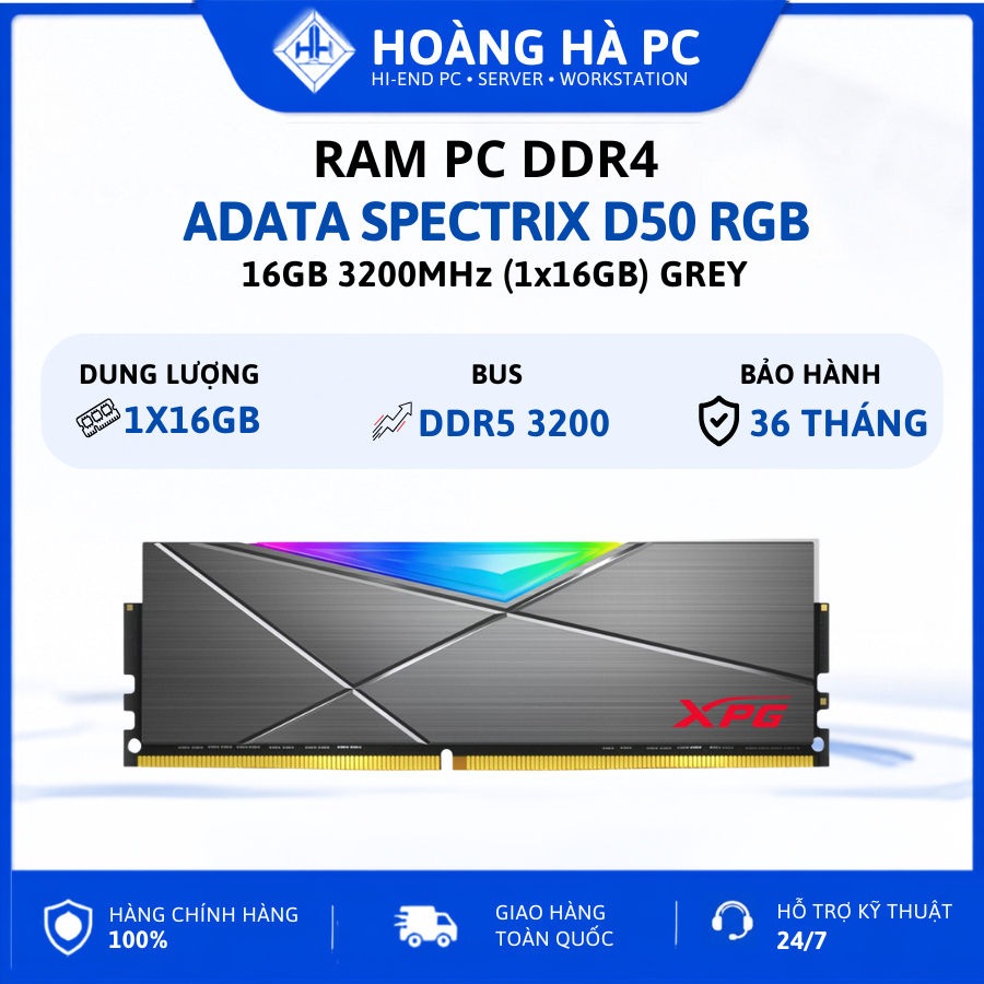 RAM DDR4 ADATA XPG SPECTRIX D50 RGB 16GB 3200MHz (1x16GB) Grey Chính Hãng Bảo Hành 36 Tháng