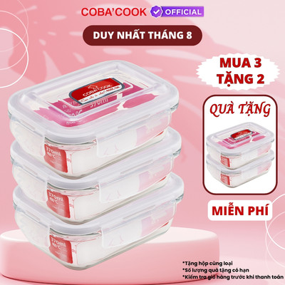 [Mua 3 Tặng 2] Bộ Hộp Đựng Thức Ăn Chống Tràn Thủy Tinh Chịu Nhiệt Chữ Nhật 370ml COACOOK