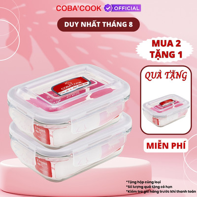 Bộ Hộp Bảo Quản Thức Ăn Hộp Cơm Thủy Tinh Chịu Nhiệt Chữ Nhật 370ml COBA’COOK Mua 2 Tặng 1