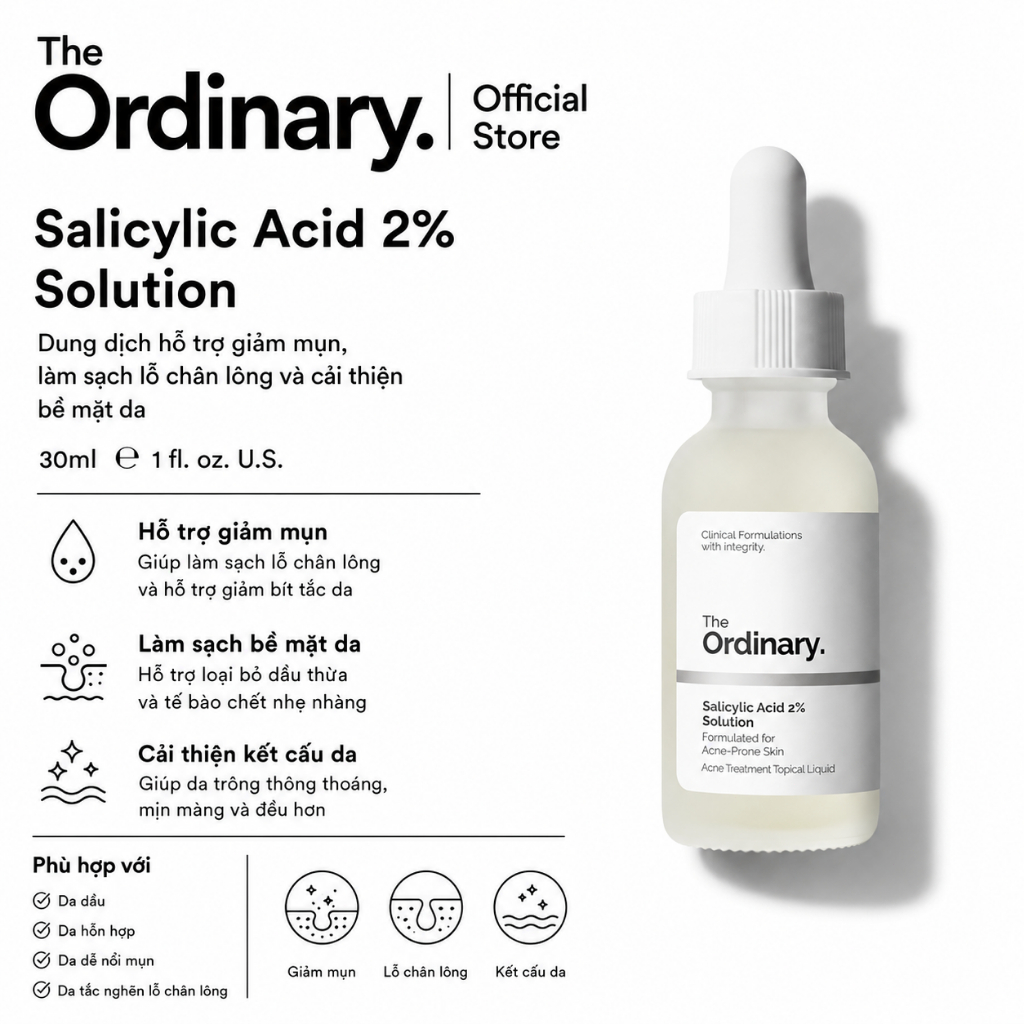 [The Ordinary Official] Salicylic Acid 2% Solution 30ML | Giảm mụn, làm sạch lỗ chân lông, kiểm soát