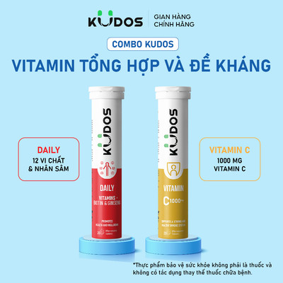 Combo 2 TPBVSK Viên sủi KUDOS DAILY bổ sung vitamin tổng hợp & nhân sâm + Viên sủi KUDOS VITAMIN C 1000MG (20 viên/tuýp)