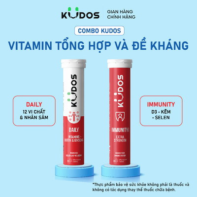 Combo 2 TPBVSK Viên sủi KUDOS IMMUNITY + Viên sủi KUDOS DAILY bổ sung vitamin tổng hợp và nhân sâm (20 viên/tuýp)