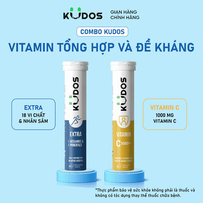 Combo 2 TPBVSK Viên Sủi KUDOS VITAMIN C 1000MG + Viên sủi KUDOS EXTRA bổ sung vitamin tổng hợp, Magie, Kẽm (20 viên/tuýp