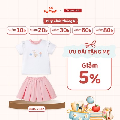 Bộ cộc tay La Pomme quần xếp li năng động - Sợi Natural Cotton thoáng mát - Bé gái - 9M - 5Y