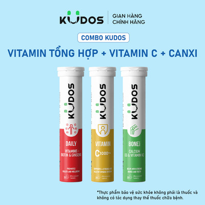 Combo 3 TPBVSK Viên sủi KUDOS VITAMIN C 1000MG + Viên Sủi KUDOS BONE + Viên Sủi KUDOS DAILY (20 viên/tuýp)