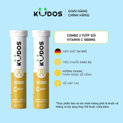 Combo 2 Tuýp TPBVSK Viên sủi KUDOS VITAMIN C hương chanh, bổ sung 1000MG vitamin C cho cơ thể (20 viên/tuýp)