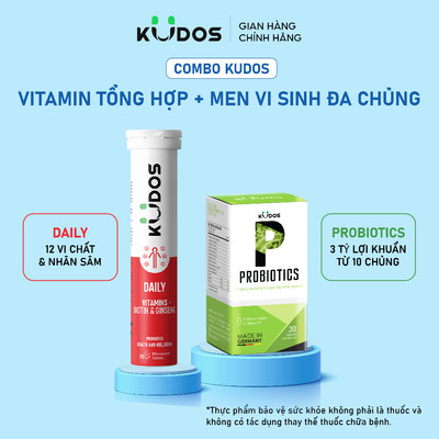 Combo TPBVSK Viên uống men vi sinh KUDOS PROBIOTICS bổ sung lợi khuẩn đường ruột + Viên sủi KUDOS DAILY vitamin tổng hợp