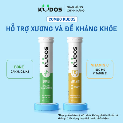 Combo 2 TPBVSK Viên sủi KUDOS BONE bổ sung canxi, D3 và K2 + Viên sủi KUDOS VITAMIN C 1000MG (20 viên/tuýp)