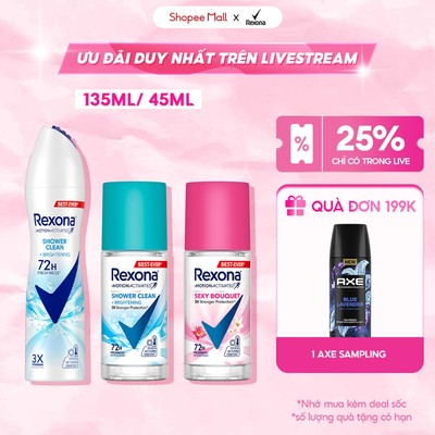 [LIVE] Xịt/lăn khử mùi Rexona 72H khô thoáng dành cho nữ / nam 135/45ml