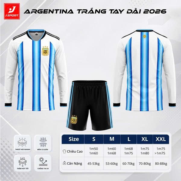 Áo Bóng Đá Tuyển Argentina 3 Sao Sọc Trắng Xanh Tay Dài Thun Lạnh Cao Cấp AdaSport - Phom Chuẩn Size
