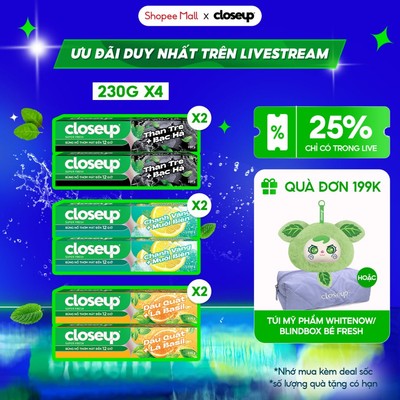 [LIVE] Combo 4 Kem Đánh Răng Closeup Trắng Răng Thơm Mát thành phần Thiên Nhiên 230G