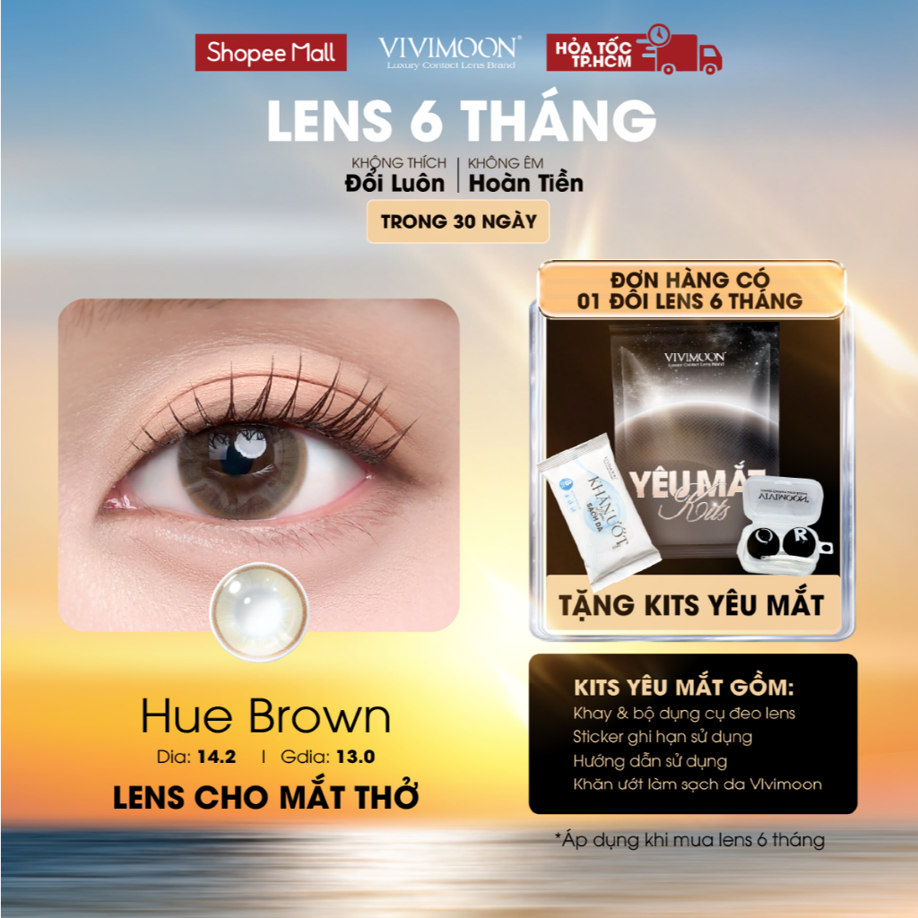 VIVIMOON lens cận nâu tự nhiên, kính áp tròng cho mắt thở Huế Brown hạn sử dụng 6 tháng độ từ 0 đến 