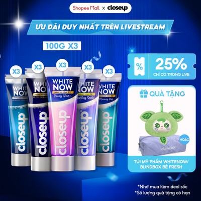[LIVE] Combo 3 kem đánh răng CLOSEUP White Now - Trắng Bật Tông 3X tức thì từ Công nghệ Ánh Sáng Xanh 100g