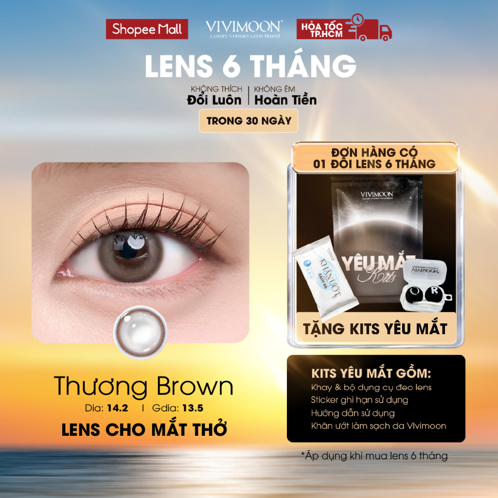 VIVIMOON kính áp tròng màu nâu THƯƠNG BROWN, lens cận cho mắt thở, hạn sử dụng 6 tháng