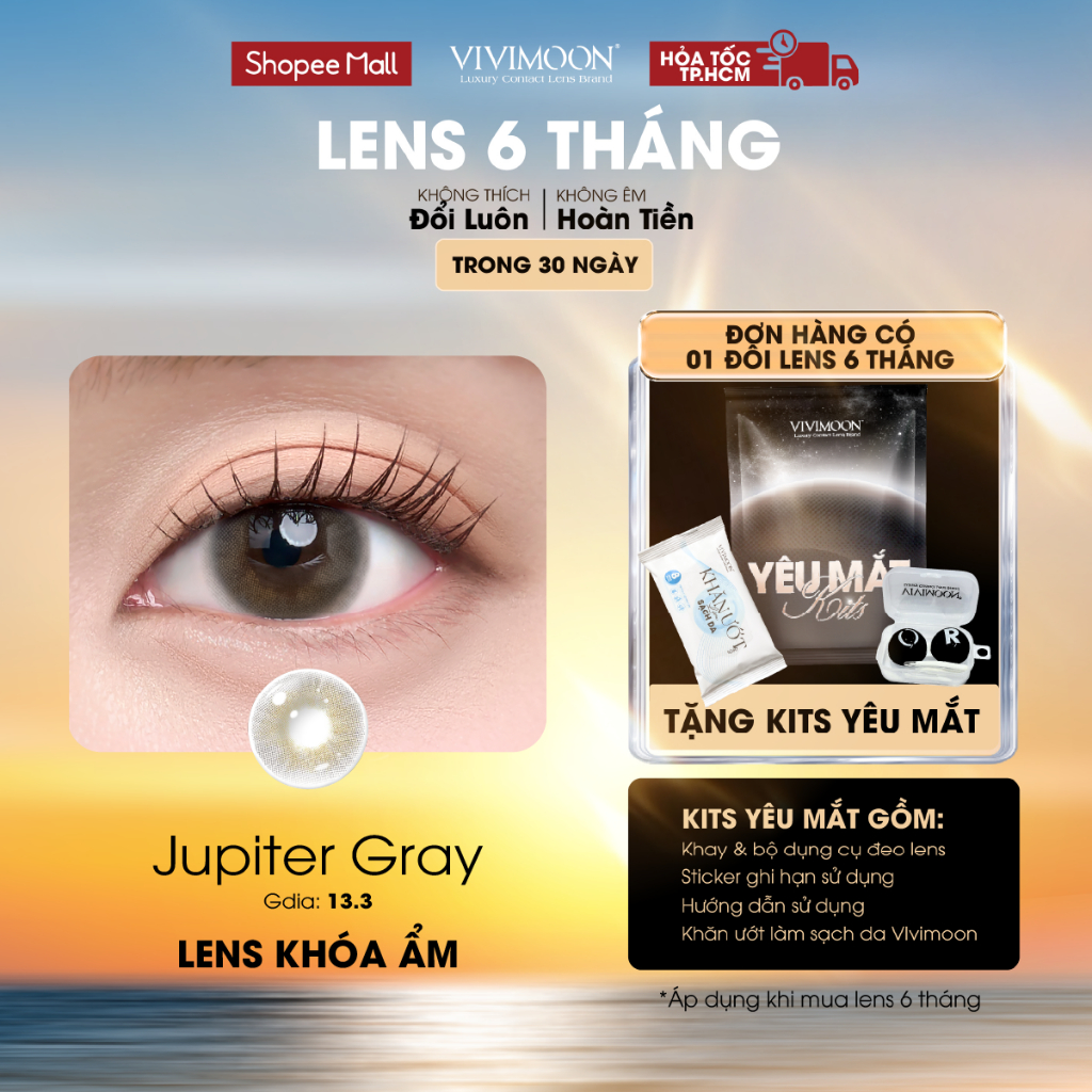 VIVIMOON lens khóa ẩm cận màu xám pha ánh vàng, kính áp tròng 3 - 6 tháng Jupiter Gray