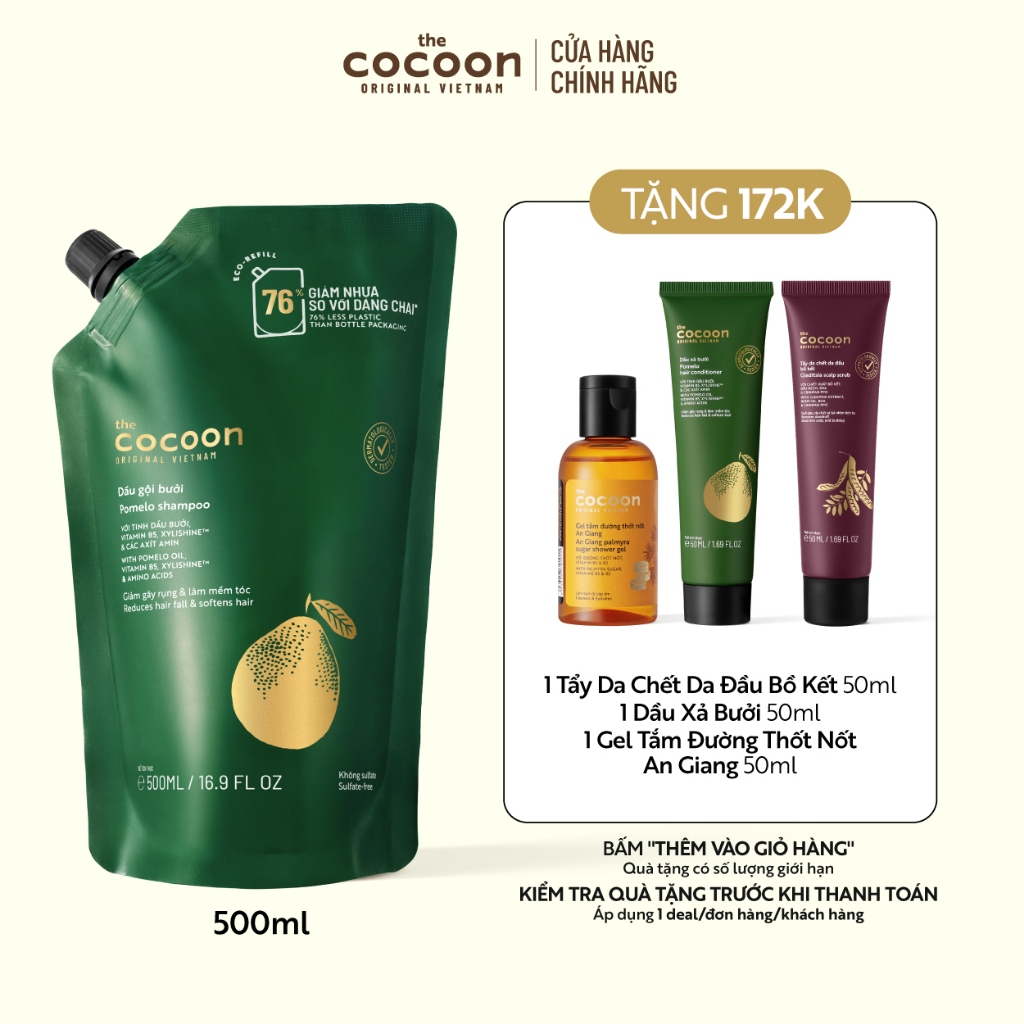 Túi Refill - Dầu gội bưởi Cocoon giúp giảm gãy rụng và làm mềm tóc 500ml