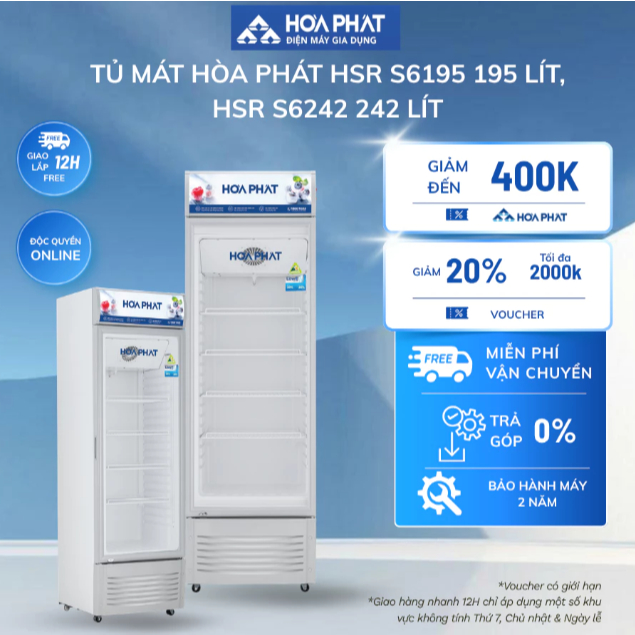 Tủ mát Hòa Phát HSR D6195 195 lít. HSR D6242 242 lít. BH chính hãng 24 tháng