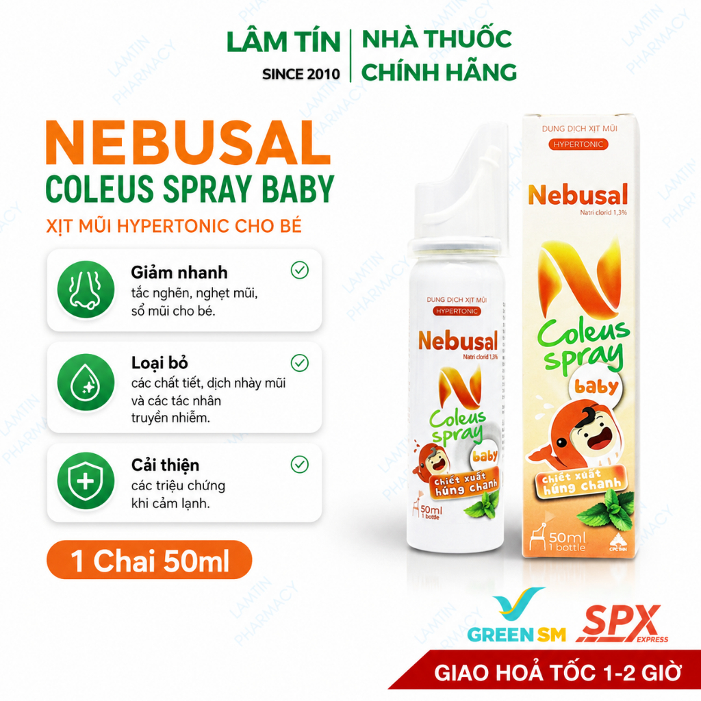 Nebusal húng chanh 1.3%  - Xịt mũi ưu trương 1,3% Nebusal - Lọ 50ml