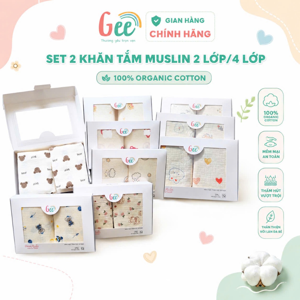 Set 2 khăn tắm muslin Gee cho bé sơ sinh, khăn tắm xô 2 lớp, 4 lớp, 100x100cm…