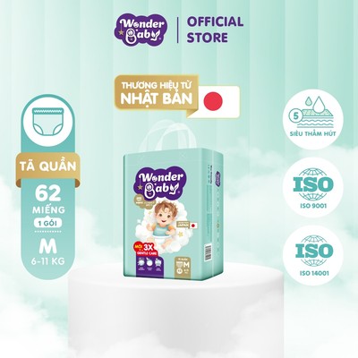 Tã/Bỉm quần Thương Hiệu Nhật Bản WONDER BABY 5 Lớp Siêu Thấm Hút, Size M62/L42/XL39/XXL36