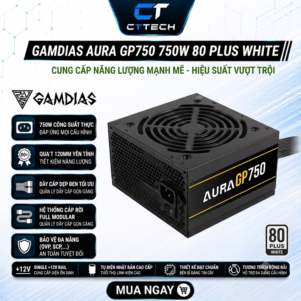 Nguồn Máy Tính Gamdias AURA GP750 750W 80 Plus White | MỚI | BẢO HÀNH 36 THÁNG