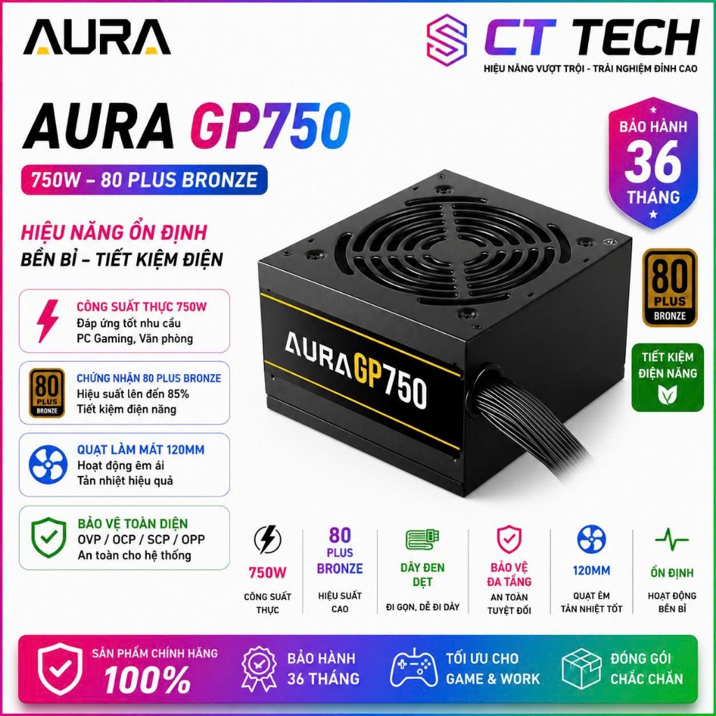 Bộ Nguồn Vi Tính AURA GP750 750W Black PSAURAGP750GA Gamdias Mới | Bảo Hành Chính Hãng 36 Tháng