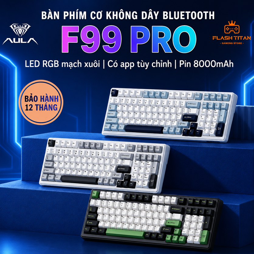 Bàn Phím Cơ Bluetooth AULA F99 PRO Fullsize Kết Nối Không Dây Dùng Cho PC, Laptop Chơi game Văn phòng Bảo hành 12 tháng