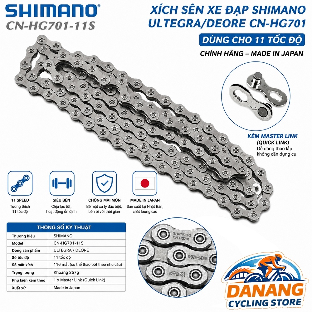 Xích Sên Xe Đạp SHIMANO Ultegra/Deore CN HG701 Dùng Cho 11 Tốc Độ (Quick Link) – Chính Hãng, Không Hộp