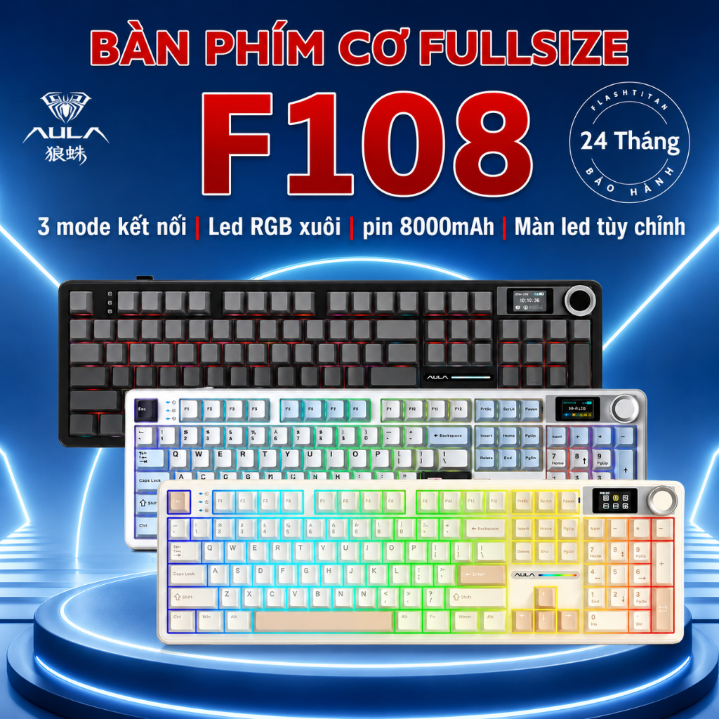 Bàn phím cơ Full size F108 - Màn hình led và núm xoay - Hỗ trợ hotswap - LED RGB - bảo hành 24 tháng