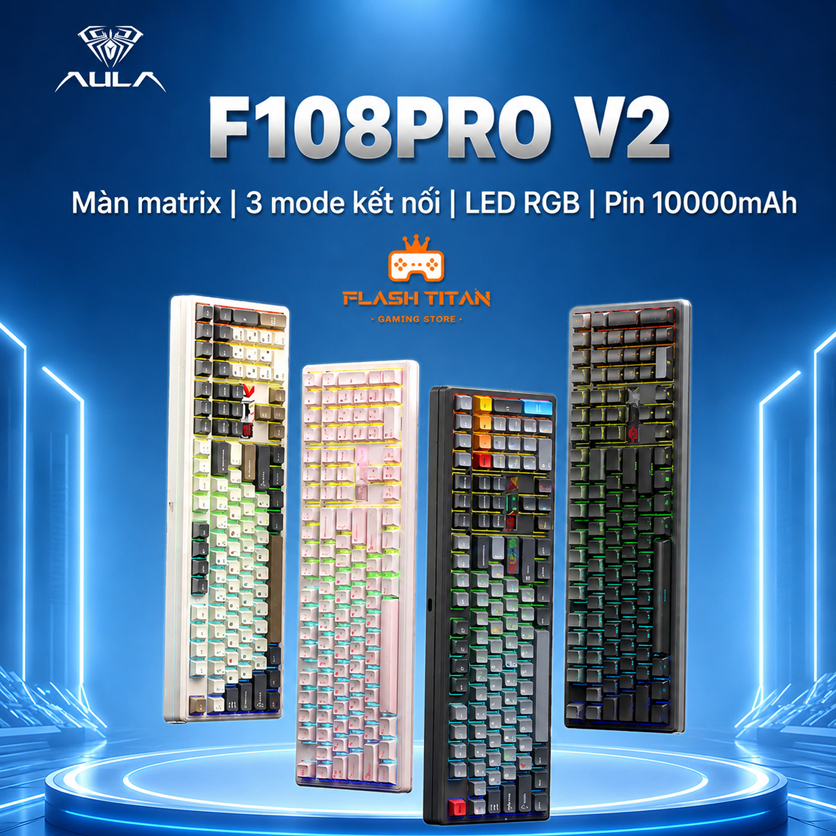 Bàn phím cơ Bluetooth AULA F108 PRO V2 - Bàn phím có màn led Matrix tùy chỉnh - Bảo hành 12 tháng