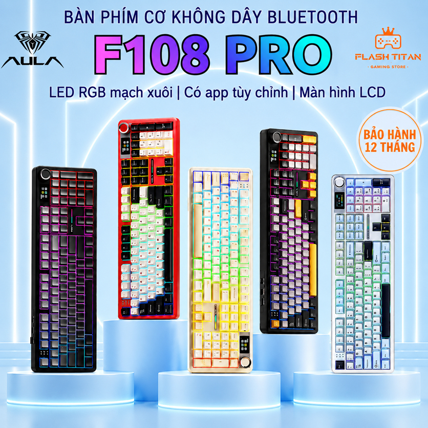 Bàn Phím Cơ Không Dây AULA F108 PRO Fullsize Kết Nối Bluetooth Dùng Cho PC, Laptop Chơi Game Văn Phòng, Có màn hình LCD