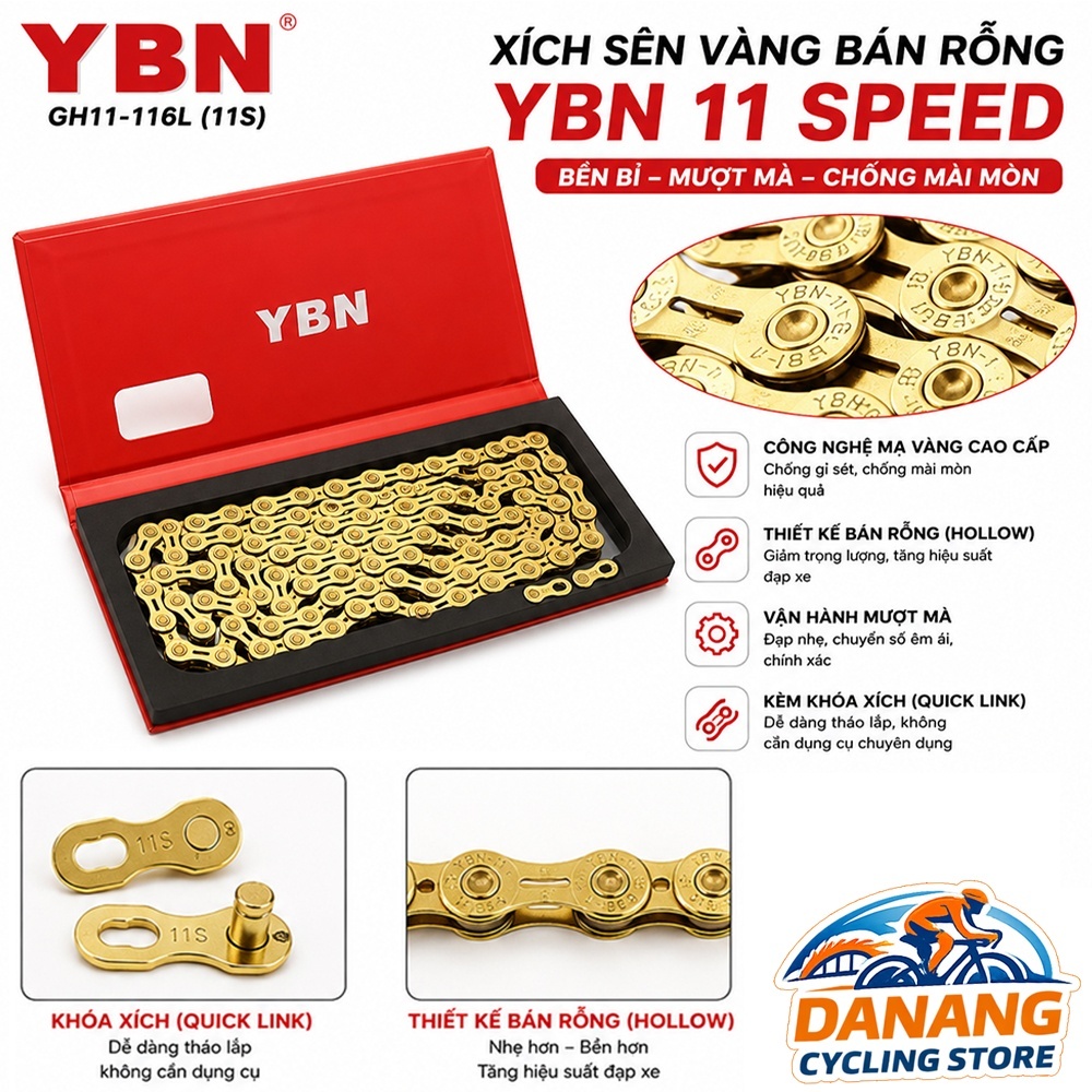 Xích Sên Xe Đạp YBN 11 Speed Mạ Vàng Bán Rỗng – Full Box