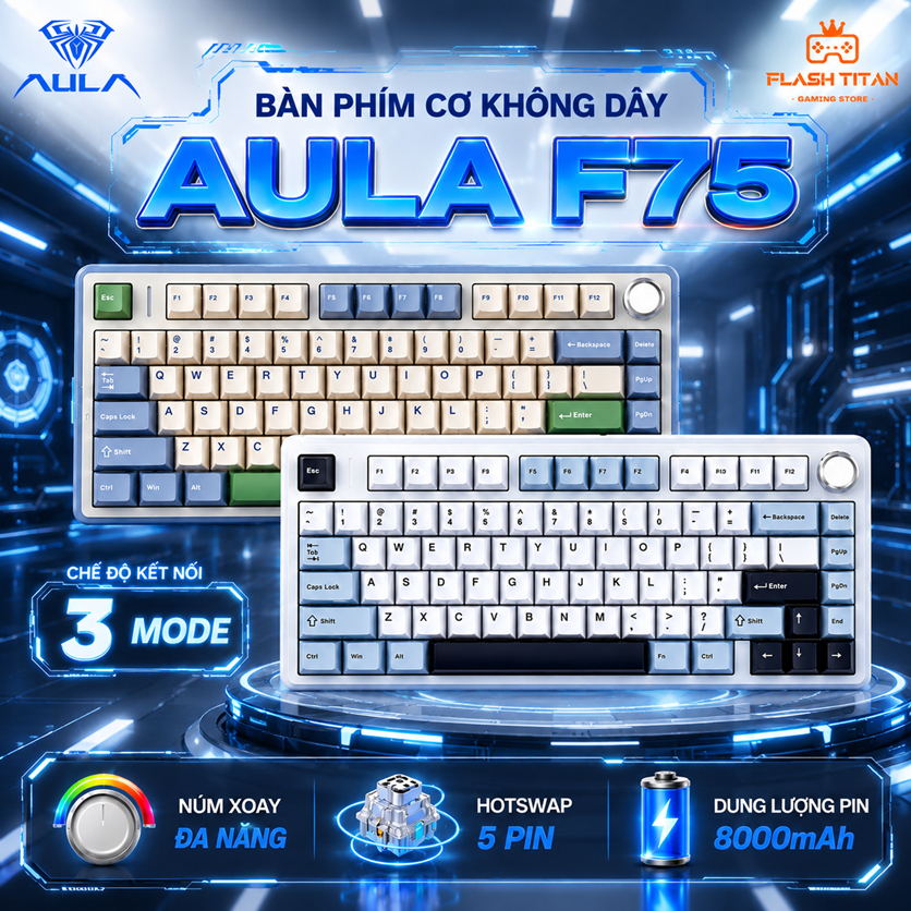 Bàn phím cơ không dây AULA F75 - Phiên bản mạch xuôi - 3 mode kết nối - Hotswap - Có núm xoay | BigBuy360 - bigbuy360.vn