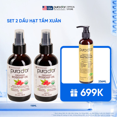 Set 2 Dầu Tầm Xuân Nguyên Chất Hữu Cơ Pura D'or Organic Rosehip Seed Oil–Giúp Phục Hồi Làn Da & Dưỡng Tóc Mềm Mượt 118ml