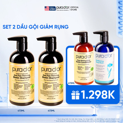 Set 2 Dầu Gội Biotin Hỗ Trợ Giảm Rụng & kiềm dầu, chăm sóc da đầu Hữu Cơ PURA D'OR Biotin Gold Label 473ML