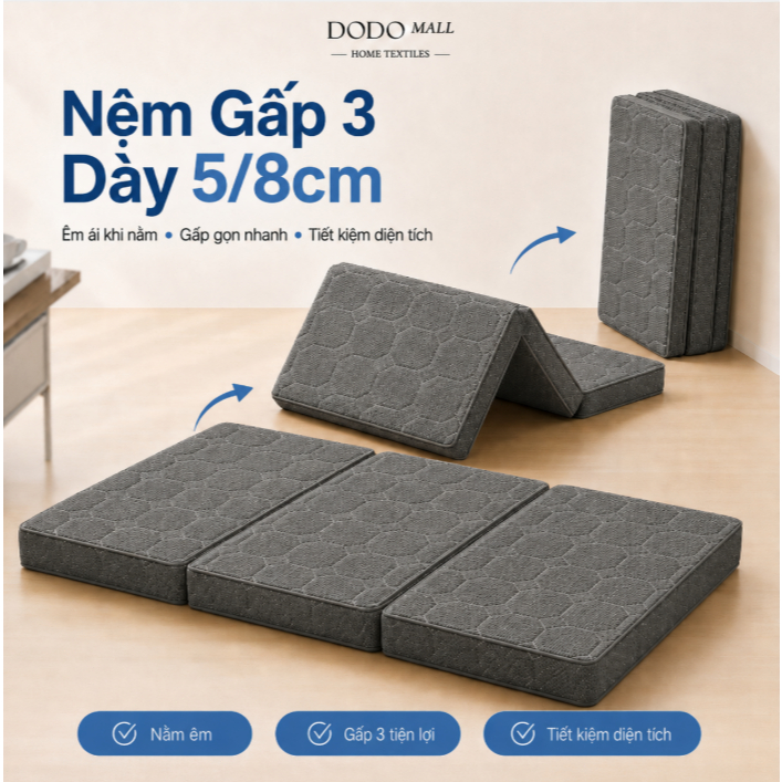 DODO Nệm Gấp Gọn Dày 3 8cm 1m2x2m di động nệm cao su non Đệm ngủ văn phòng，Bảo hành 10 năm