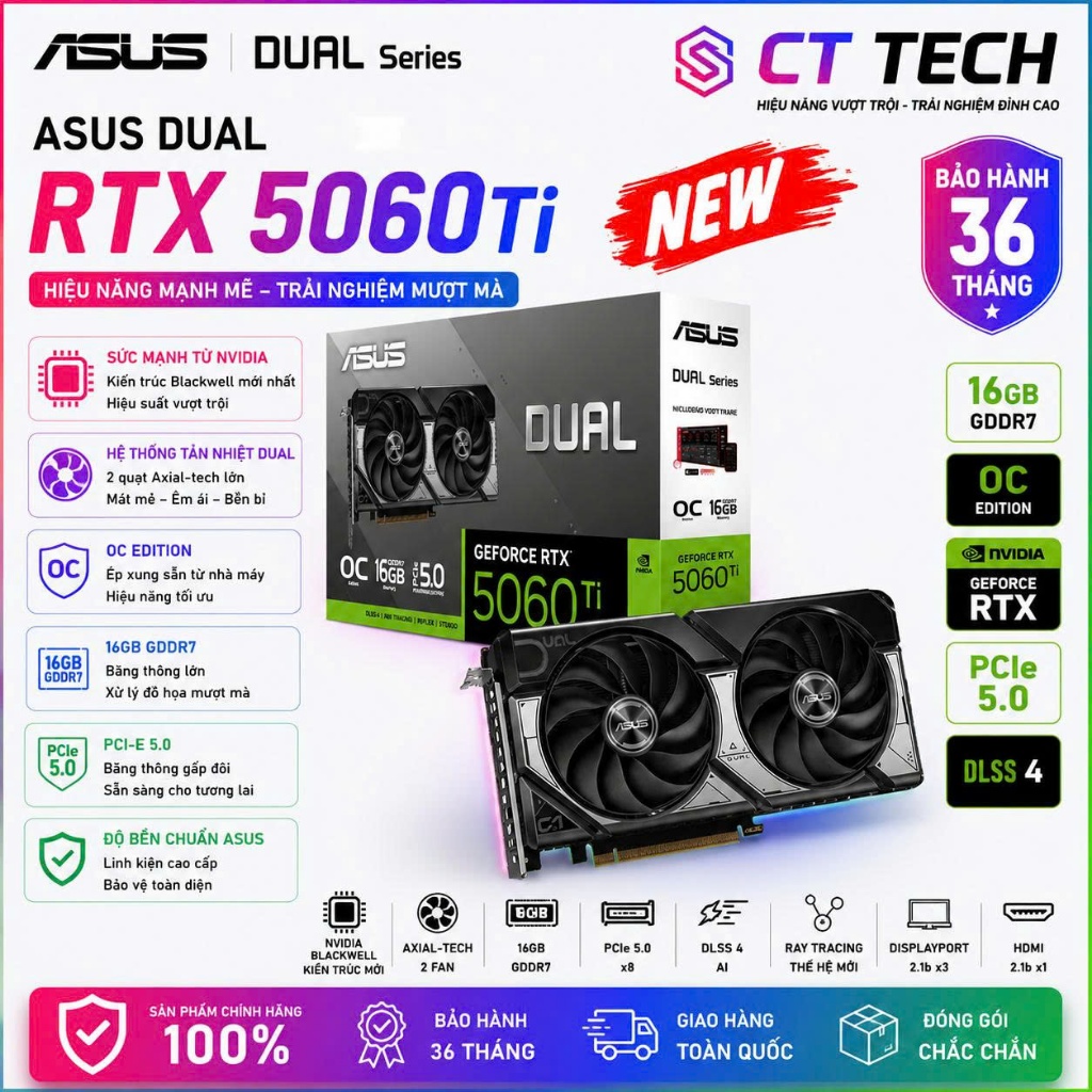 Card màn hình ASUS Dual GeForce RTX 5060 Ti 16GB GDDR7 OC Edition Mới Bảo Hành 36 Tháng