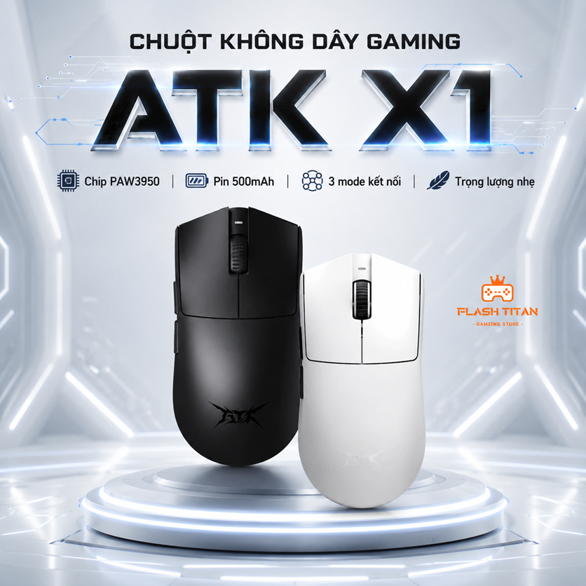 Chuột Gaming Không Dây ATK X1 PRO - Chip PAW3950 Mạnh Mẽ - 3 Chế Độ Kết Nối - Dongle hỗ trợ 8000hz
