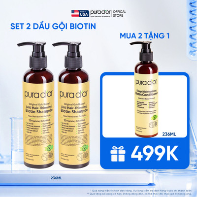 Dầu Gội Biotin Hỗ Trợ Giảm Rụng & kiềm dầu, chăm sóc da đầu Hữu Cơ PURA D'OR Biotin Gold Label 236ml