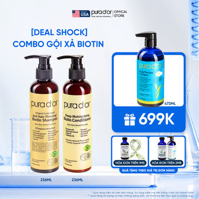 Combo Gội Xả Biotin Hỗ Trợ Giảm Rụng & kiềm dầu, phục hồi tóc Pura D'or Original Gold Label & Deep Moisturizing 236ml