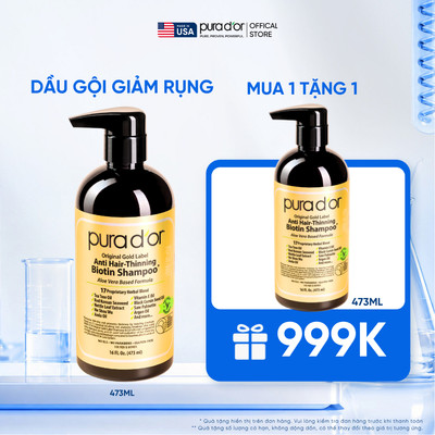 [Mua 1 Tặng 1] Dầu Gội Biotin Hỗ Trợ Giảm Rụng & kiềm dầu, chăm sóc da đầu Hữu Cơ PURA D'OR Biotin Gold Label 473ml